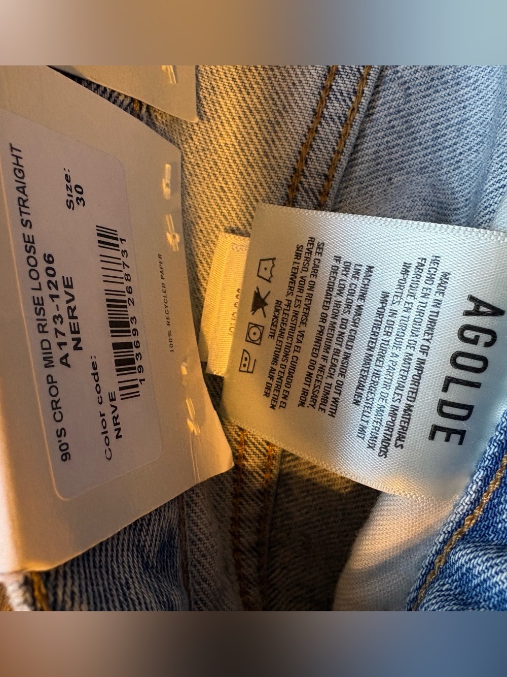NEW Agolde Size 30 Nerve 90s Crop Mid Rise Loose Straight Jeans Button Fly - Picture 7 of 7